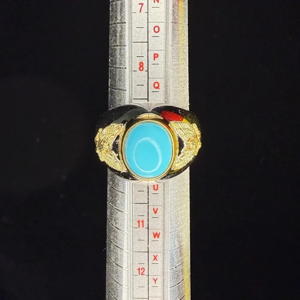 Solid 925 Sterling Silver And Solid 10k Yellow Gold Turquoise Stone Size 10 Ring